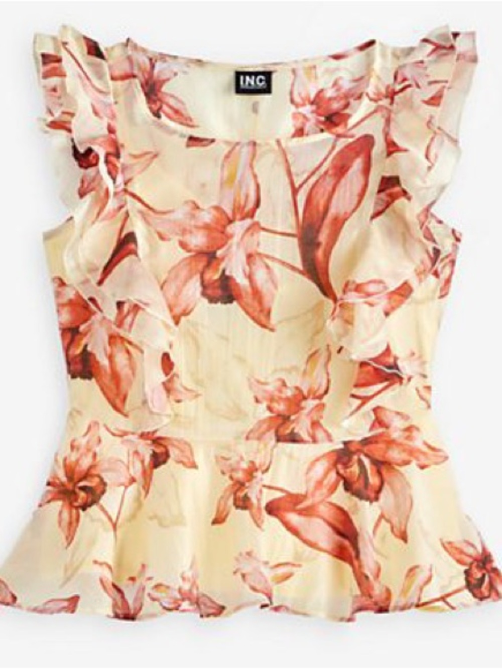 INC International Concepts Floral Ruffle Sleeve Peplum Blouse Top Yellow Pink